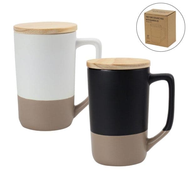 Two-toned Ceramic Mugs with Clay Bottom, Bamboo Lid - Corporate gift for business branding