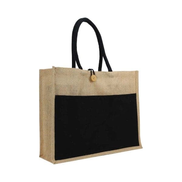 Jute Bag with Black Cotton Pocket and Handle - View 1