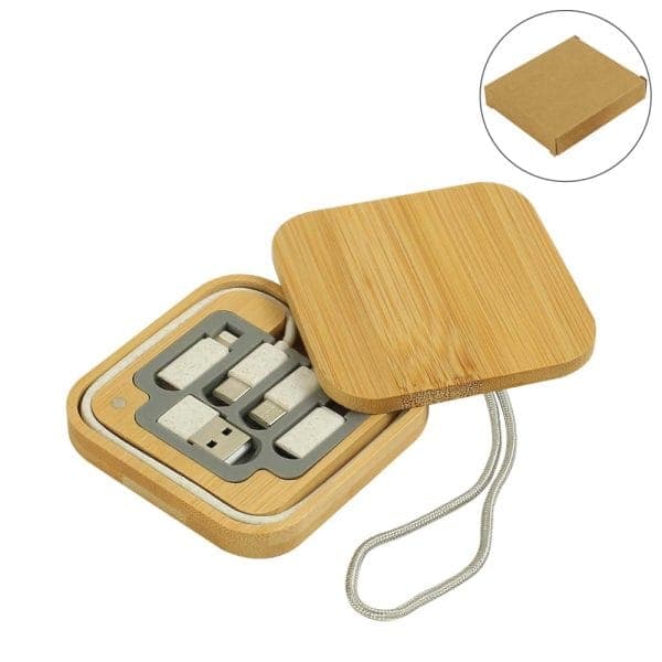 Multi-Charging Cable Set in Square Bamboo Case - View 1