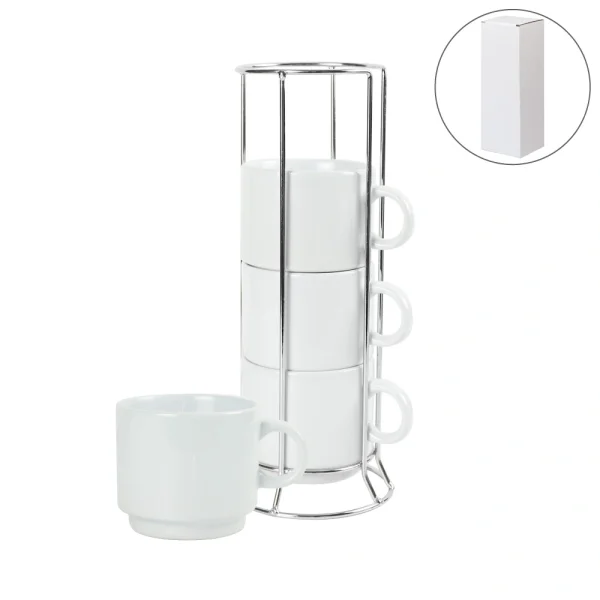 Ceramic Coffee Cups Set 4Pcs in Silver Metal Rack - View 1