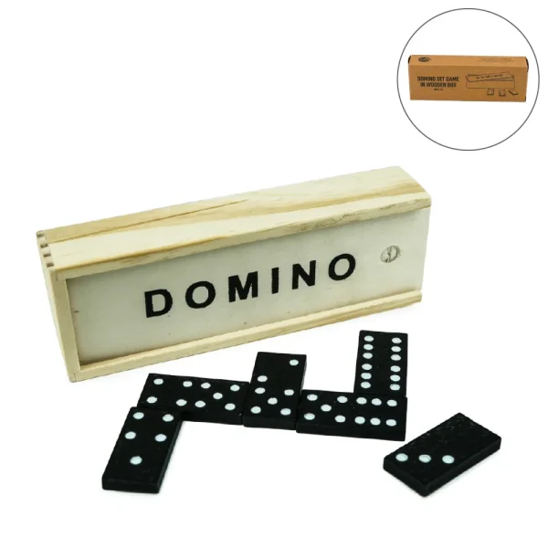 Domino Set Game in Wooden Slide Box & 28 Black Wooden Pieces - View 1