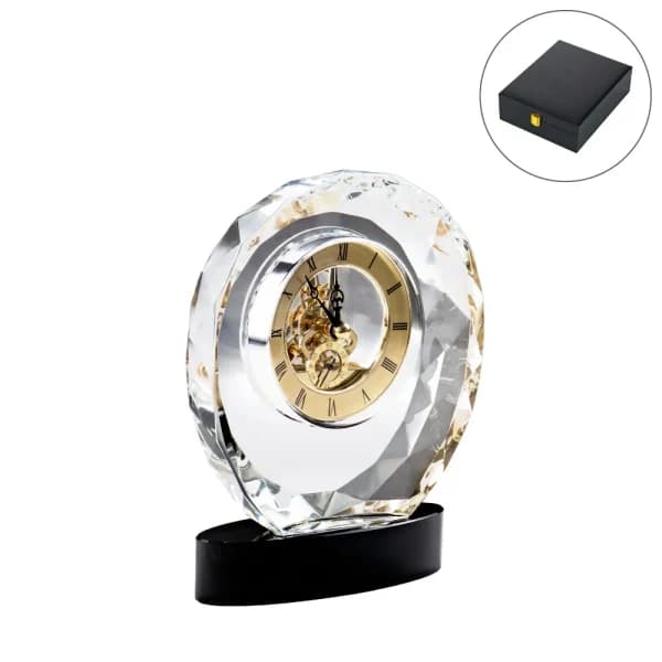 Round Crystal Clock Awards with Oval Glass Base in Premium Box - View 1