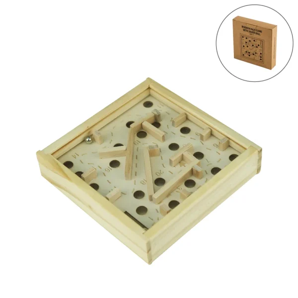 Wooden Maze Board Game with Silver Metal Ball – Labyrinth Balance Puzzle - Corporate gift for business branding