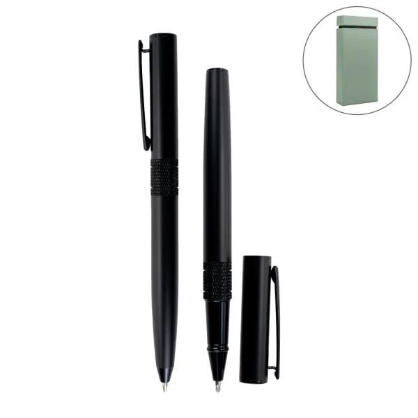 Black Metal Pen Set with Matte Finish in Hardboard Slide to Open Box - View 1