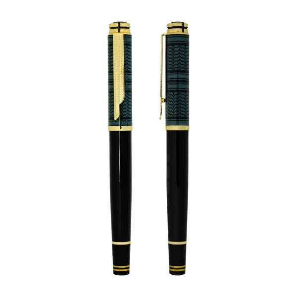 Arabic Traditional Bisht Design Metal Pens, Glossy Black with Gold Outline - View 1
