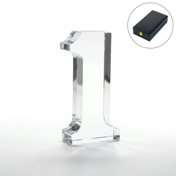 Crystal Glass Trophy in Number One Shape with Gold Lock Closure Box