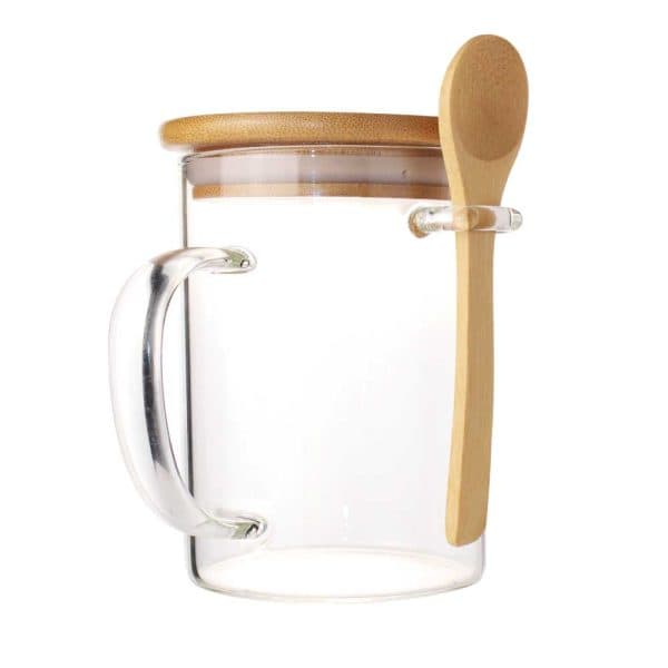 Clear Glass Mug with Bamboo Lid and Spoon - View 1