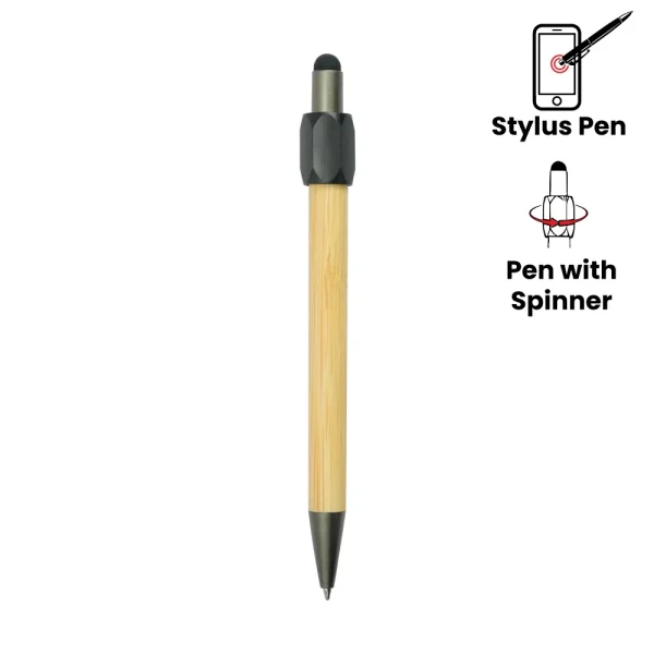 Bamboo and Metal Stylus Pens with Top Spinner (Blue Ink)