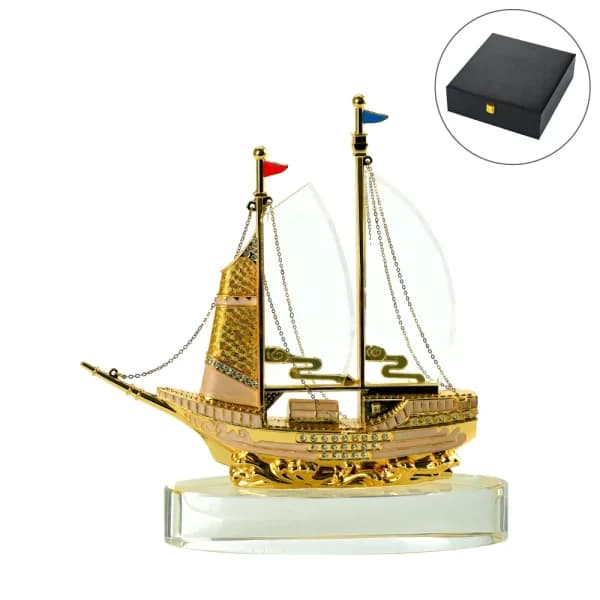Golden Boat Shaped Memento in Metal with Glass Base in Luxury Box