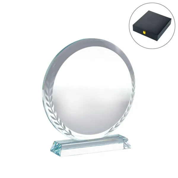 Round Clear Crystal Awards with Engraved Leaves in Premium Box - View 1