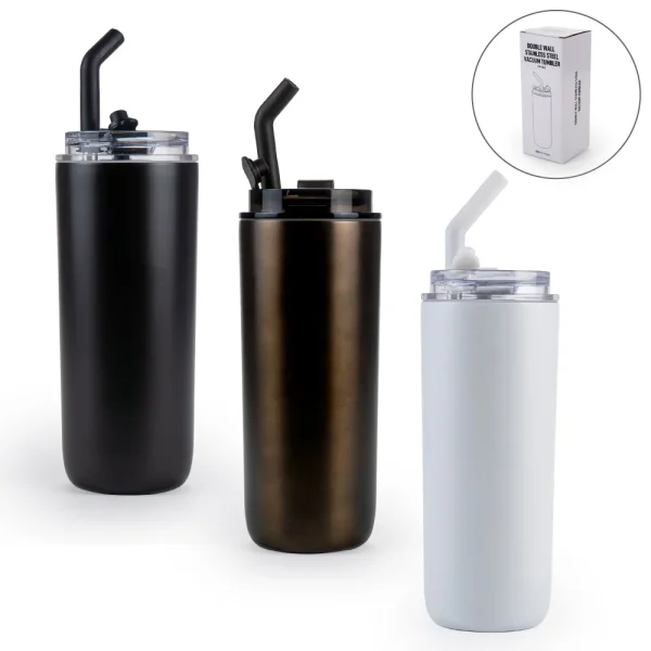 Double Wall SS Tumblers with Transparent Lid & Metal Straw – 500ml - View 1