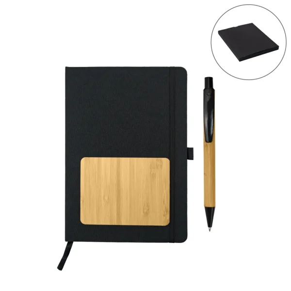 rPET and Bamboo Notebook with Pen Gift Sets in Black Cardboard Slide Box - View 1