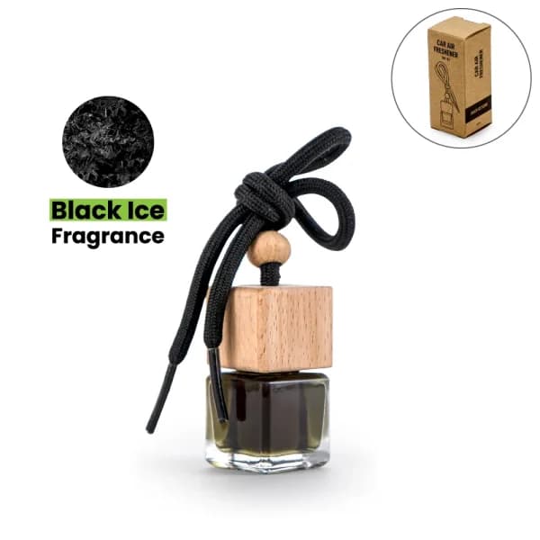 Hanging Car Diffuser Bottle with Bamboo Lid – Black Ice Fragrance - Related corporate gift product